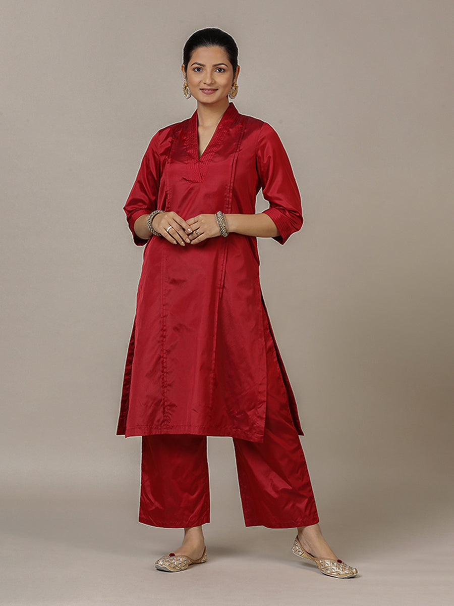 Nyla x Tyohaar Pant/Trousers, in Red Artificial Silk, made for daily & work (view 8).
