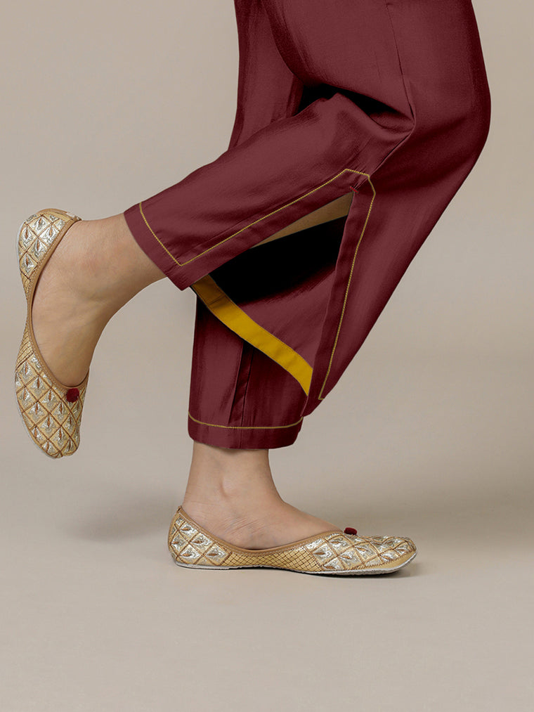 Saba x Rozaana Pant/Trousers, in Maroon 100% Cotton, made for daily & work (view 3).