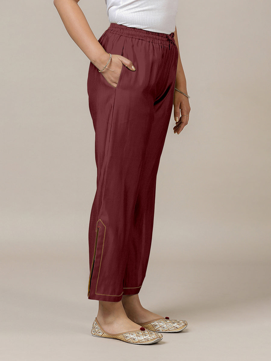 Saba x Rozaana Pant/Trousers, in Maroon 100% Cotton, made for daily & work (view 4).