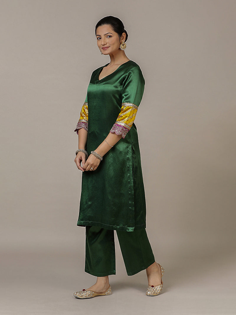 Swara x Tyohaar Pant/Trousers, in Green Mashru Silk, made for daily & work (view 10).