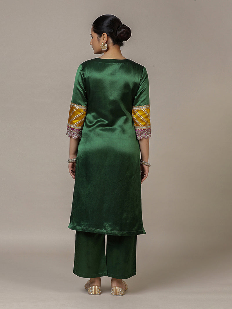 Swara x Tyohaar Pant/Trousers, in Green Mashru Silk, made for daily & work (view 11).