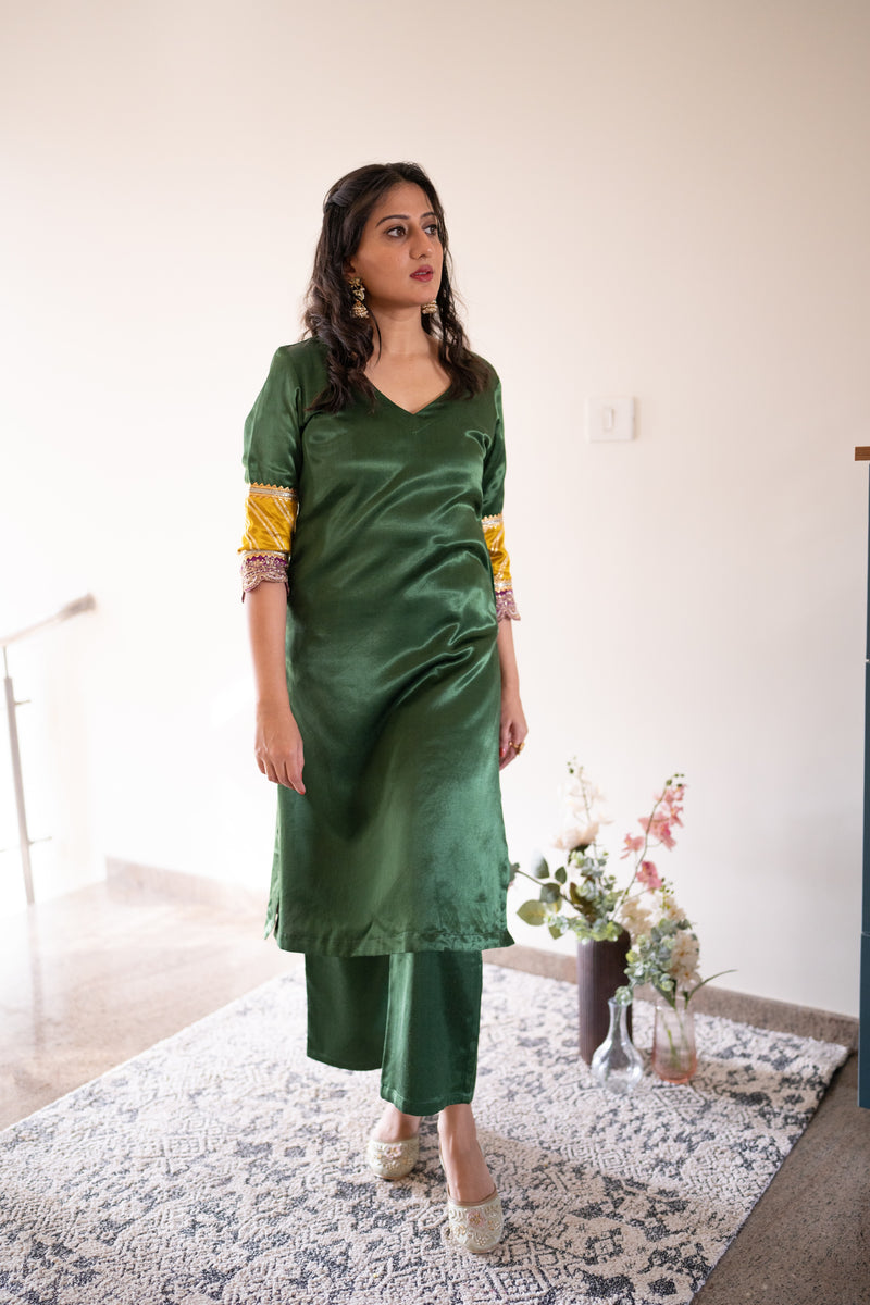 Swara x Tyohaar Pant/Trousers, in Green Mashru Silk, made for daily & work (view 12).