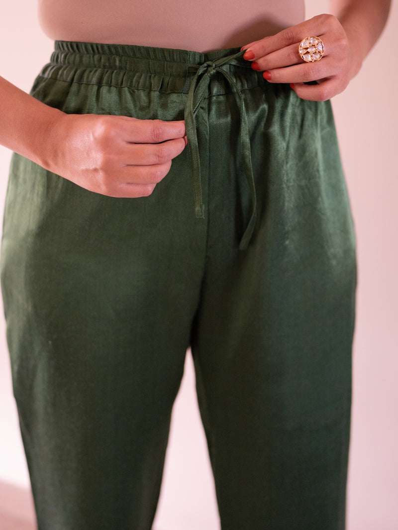 Swara x Tyohaar Pant/Trousers, in Green Mashru Silk, made for daily & work (view 5).