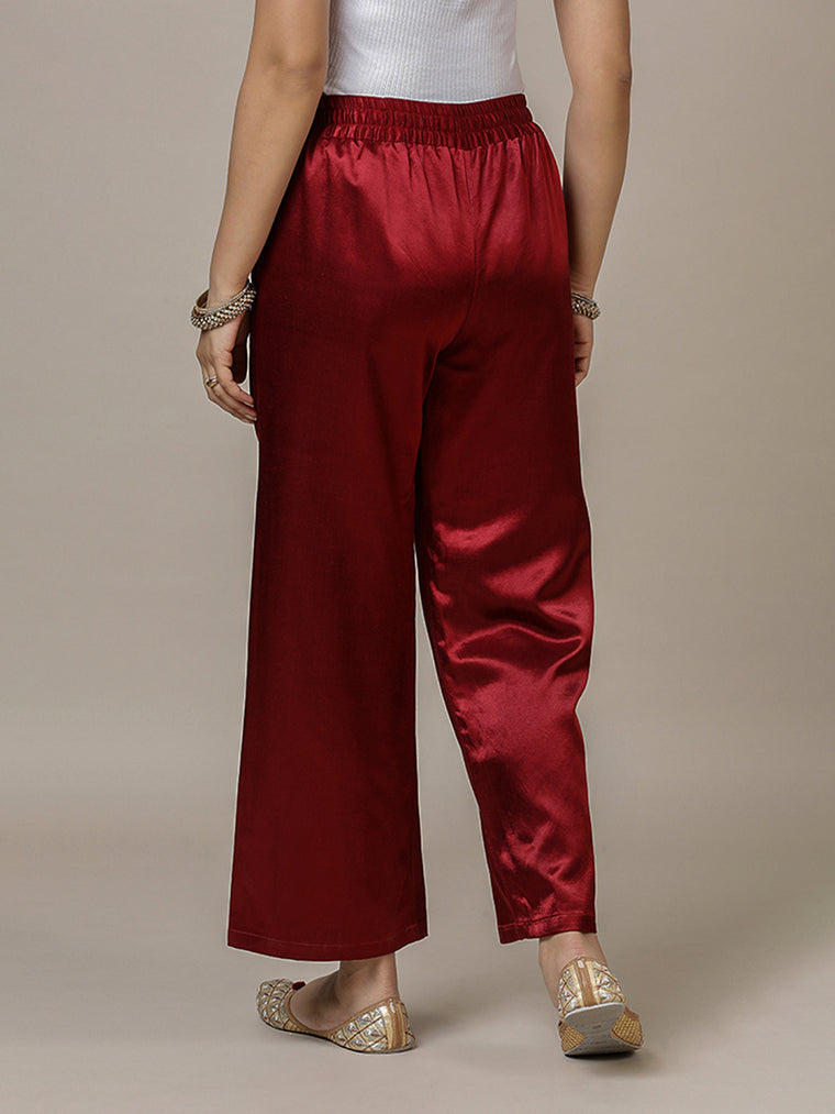 Swara x Tyohaar Pant/Trousers, in Red Mashru Silk, made for daily & work (view 2).