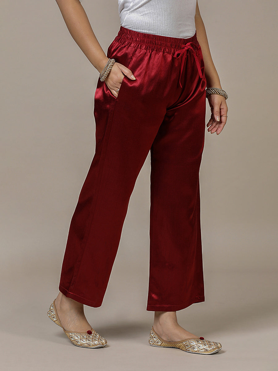 Swara x Tyohaar Pant/Trousers, in Red Mashru Silk, made for daily & work (view 4).