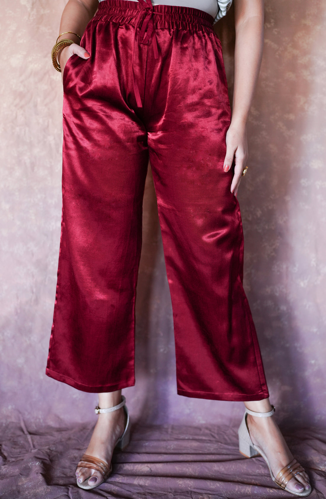 Swara x Tyohaar Pant/Trousers, in Red Mashru Silk, made for daily & work (view 6).