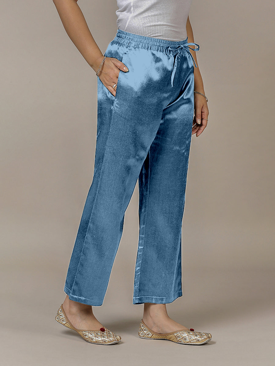 Swara x Tyohaar Pant/Trousers, in Blue Mashru Silk, made for daily & work (view 5).