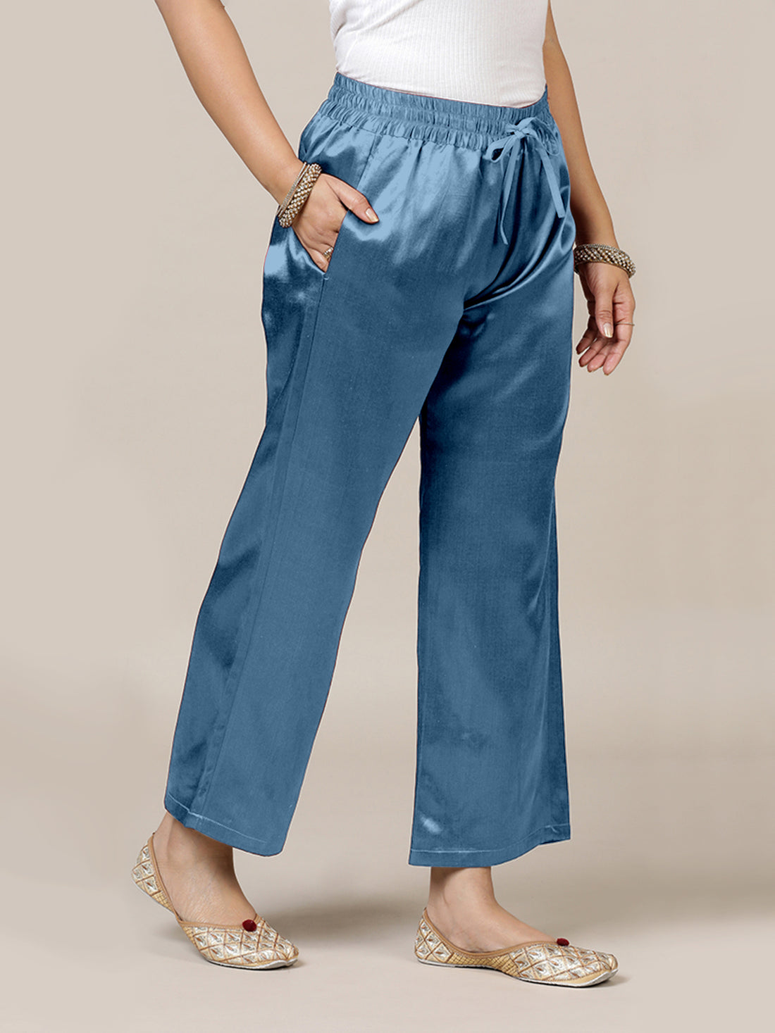 Swara x Tyohaar Pant/Trousers, in Blue Mashru Silk, made for daily & work (view 8).
