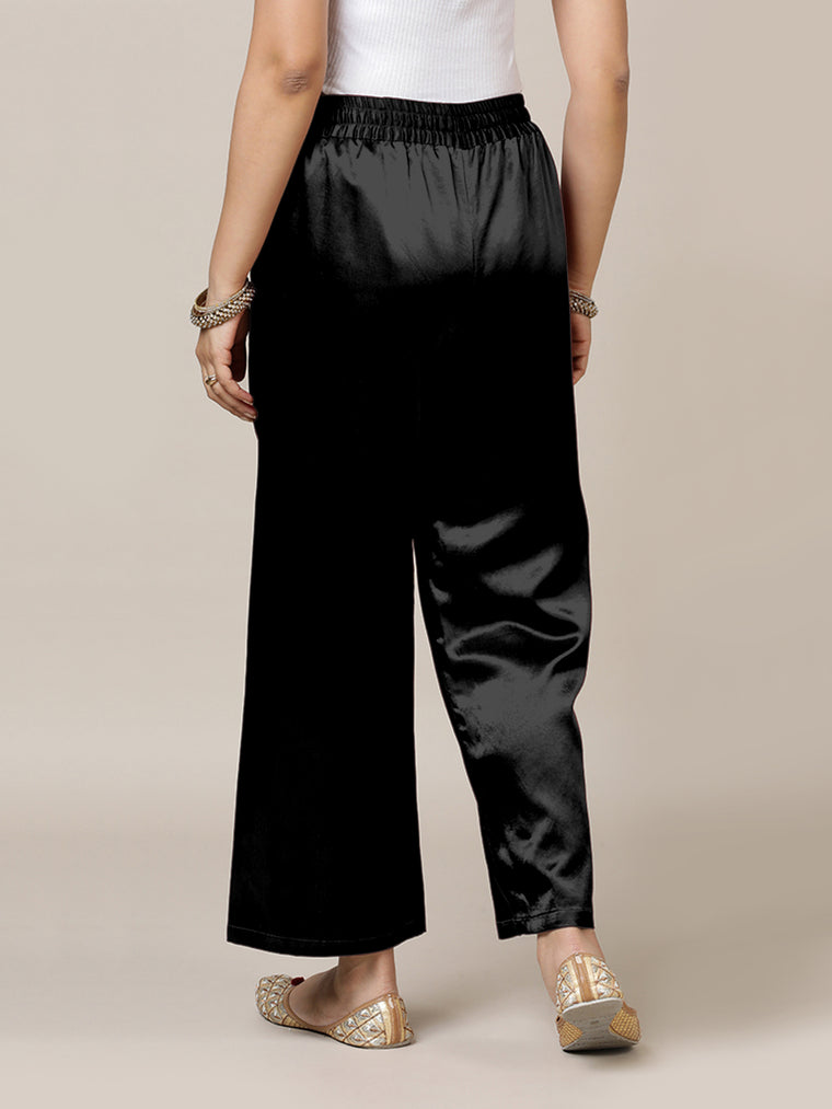 Swara x Tyohaar Pant/Trousers, in Black Mashru Silk, made for daily & work (view 2).