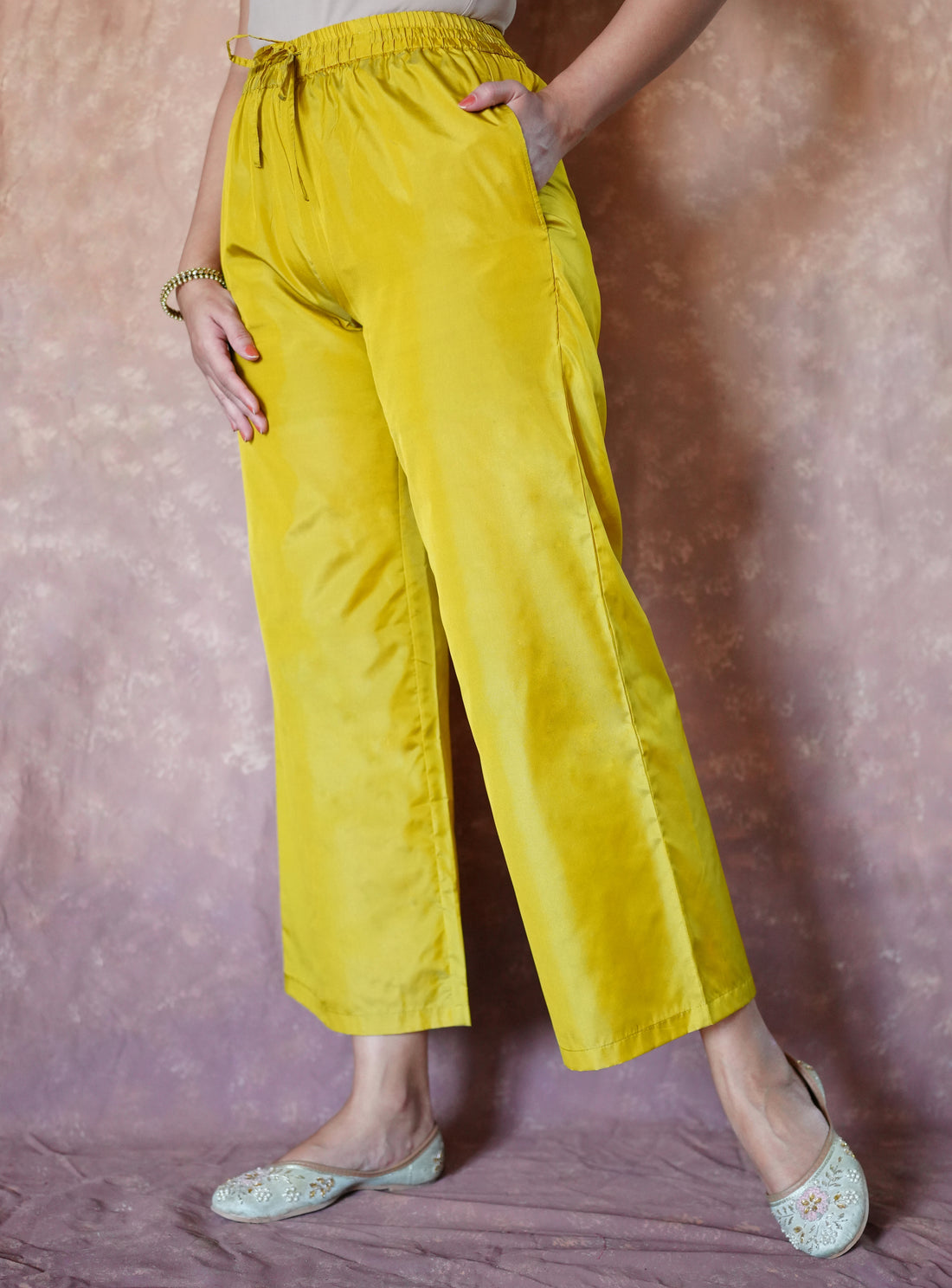 Nyla x Tyohaar Pant/Trousers, in Yellow Artificial Silk, made for daily & work (view 6).