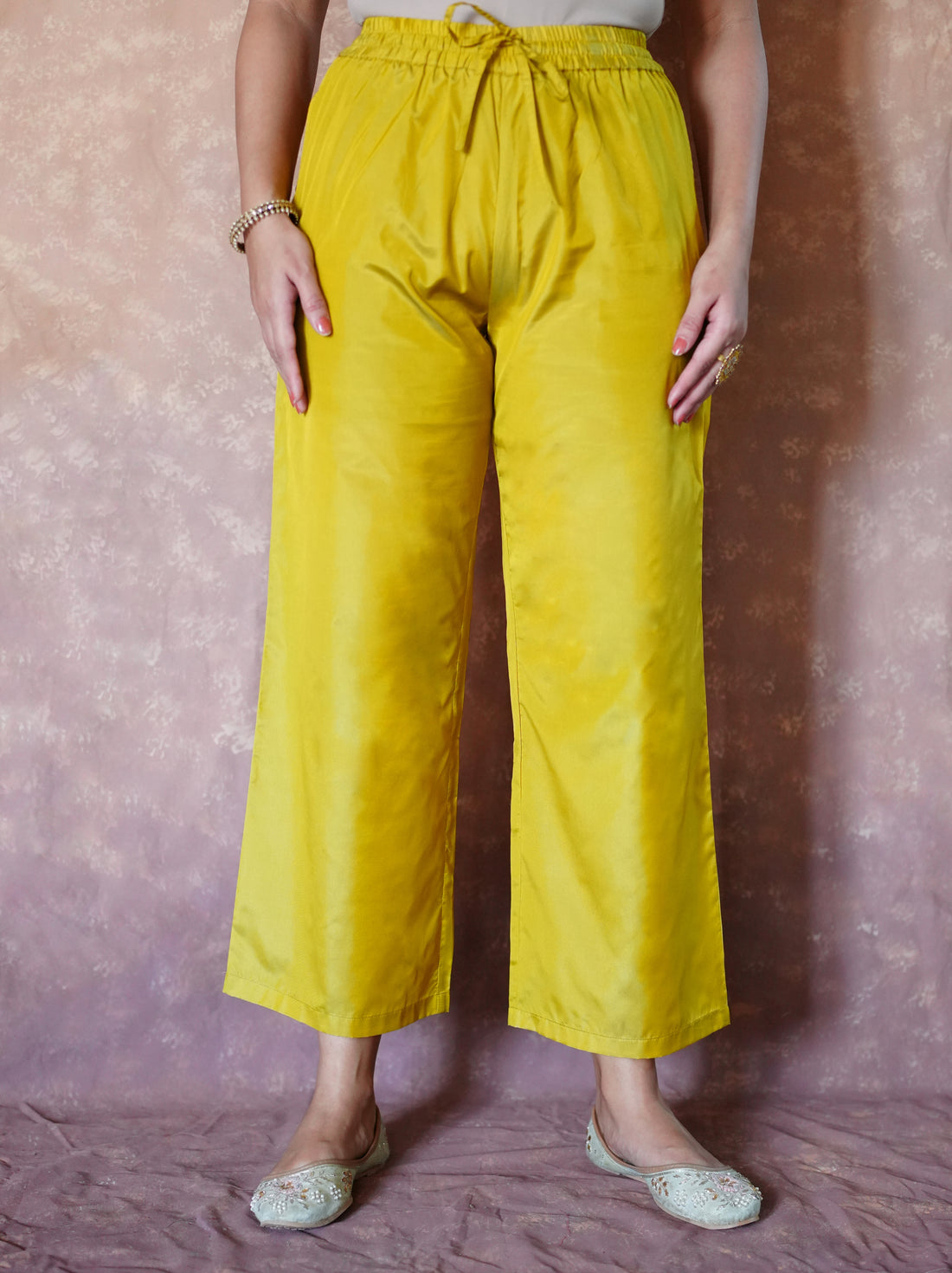 Nyla x Tyohaar Pant/Trousers, in Yellow Artificial Silk, made for daily & work (view 7).