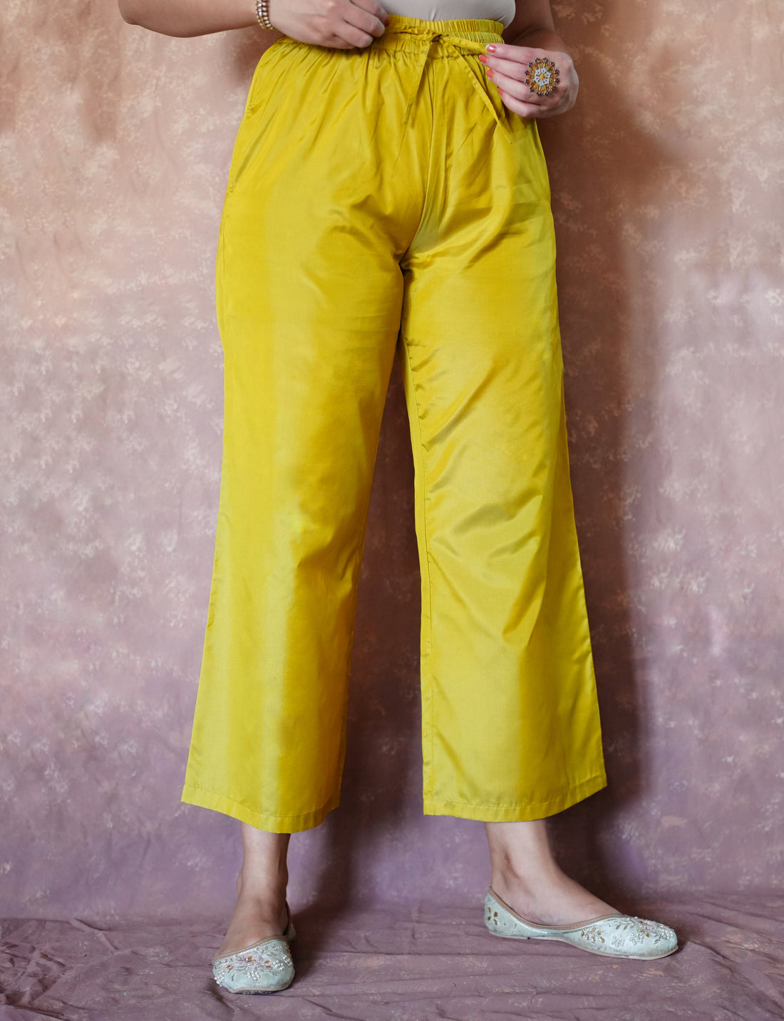 Nyla x Tyohaar Pant/Trousers, in Yellow Artificial Silk, made for daily & work (view 8).