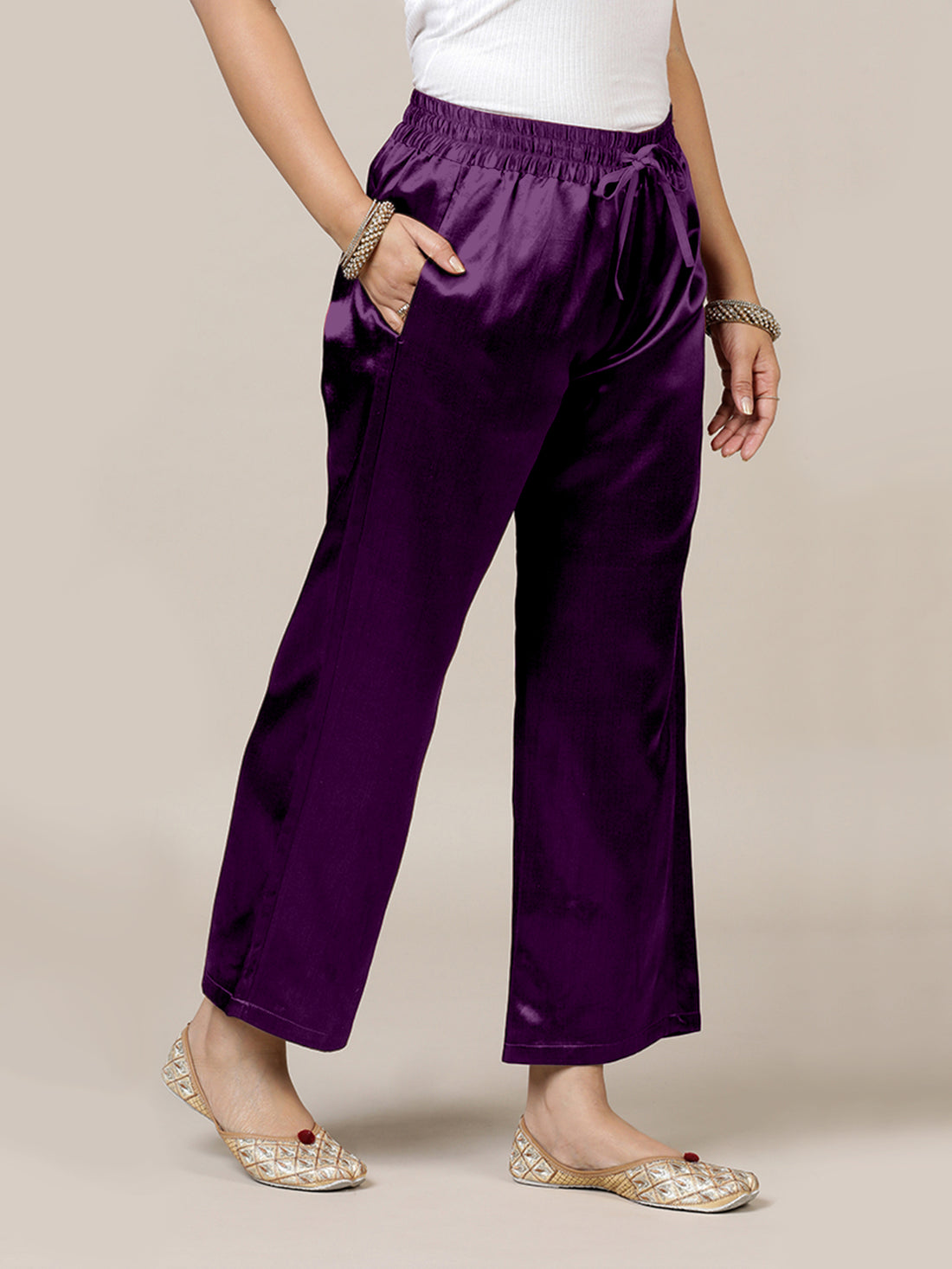 Swara x Tyohaar Pant/Trousers, in Purple Mashru Silk, made for daily & work (view 8).