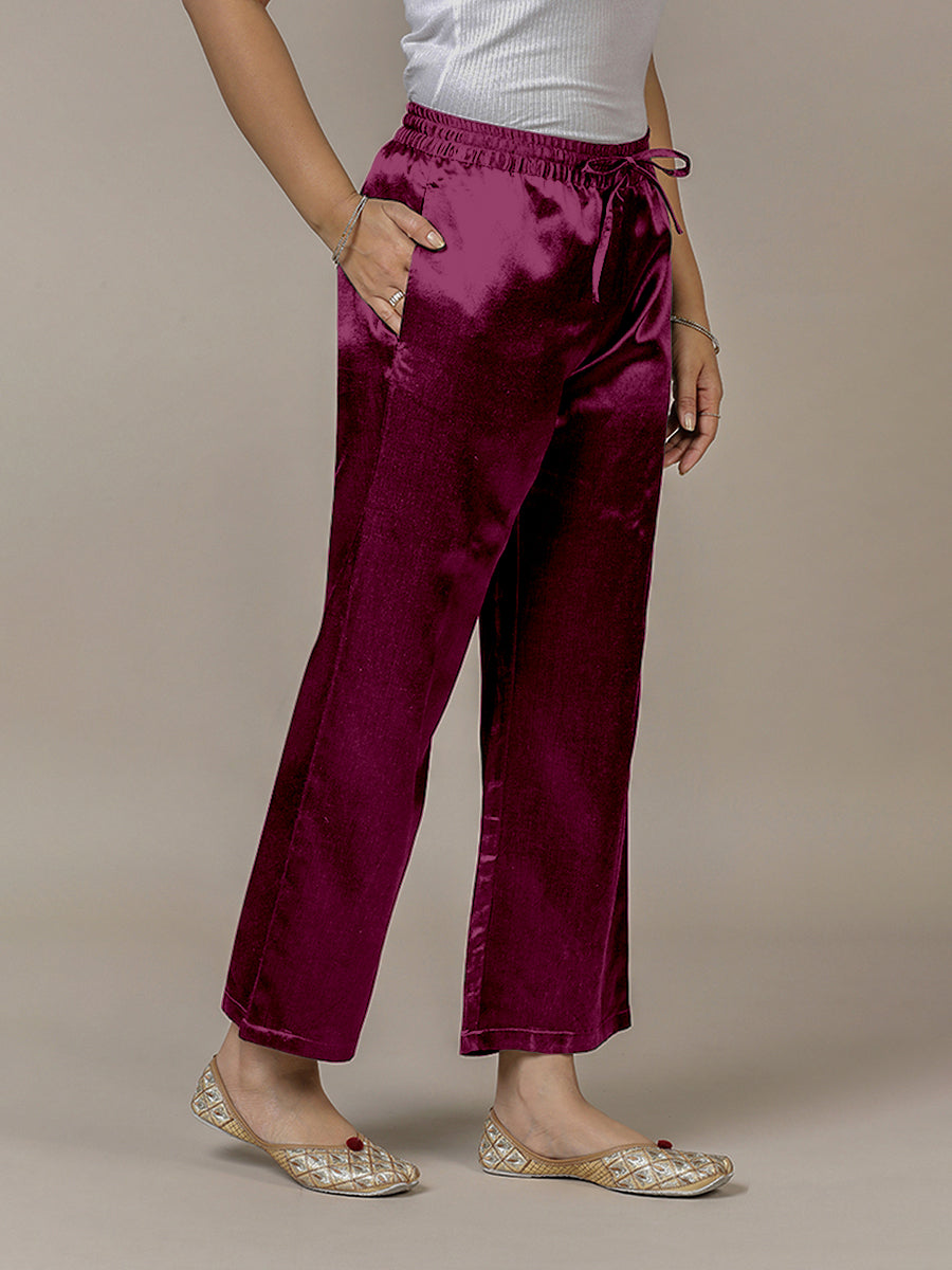 Swara x Tyohaar Pant/Trousers, in Red Mashru Silk, made for daily & work (view 3).