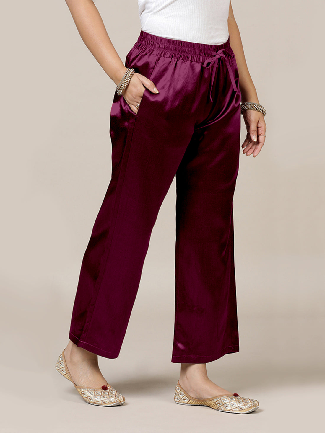 Swara x Tyohaar Pant/Trousers, in Red Mashru Silk, made for daily & work (view 8).