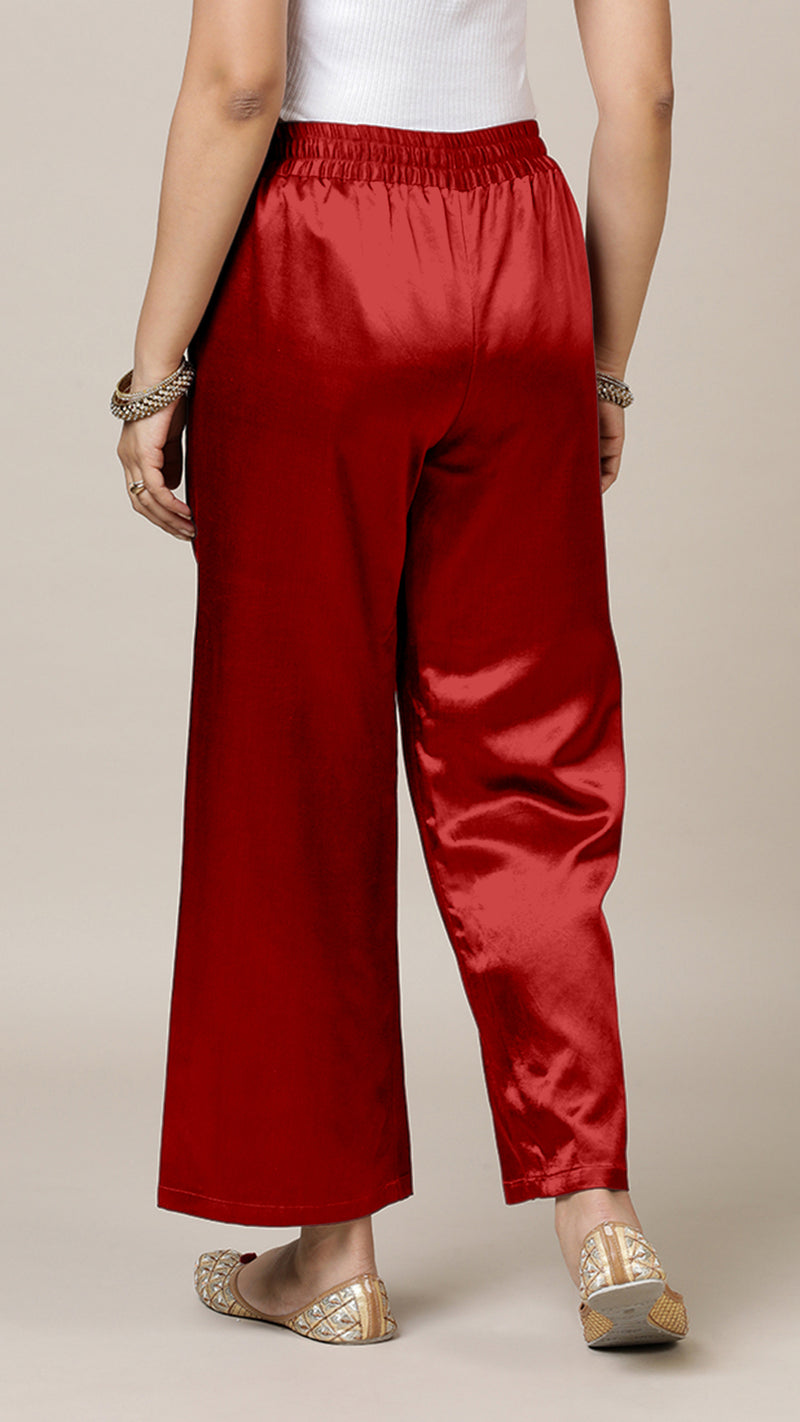Swara x Tyohaar Pant/Trousers, in Red Mashru Silk, made for daily & work (view 2).