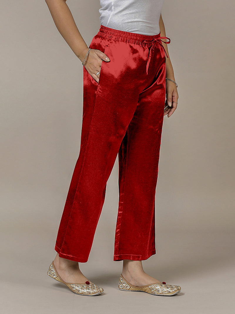 Swara x Tyohaar Pant/Trousers, in Red Mashru Silk, made for daily & work (view 4).