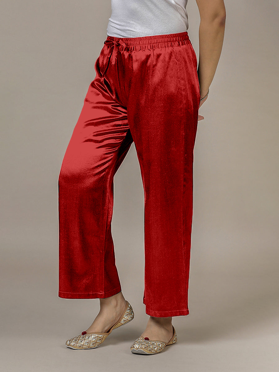 Swara x Tyohaar Pant/Trousers, in Red Mashru Silk, made for daily & work (view 5).
