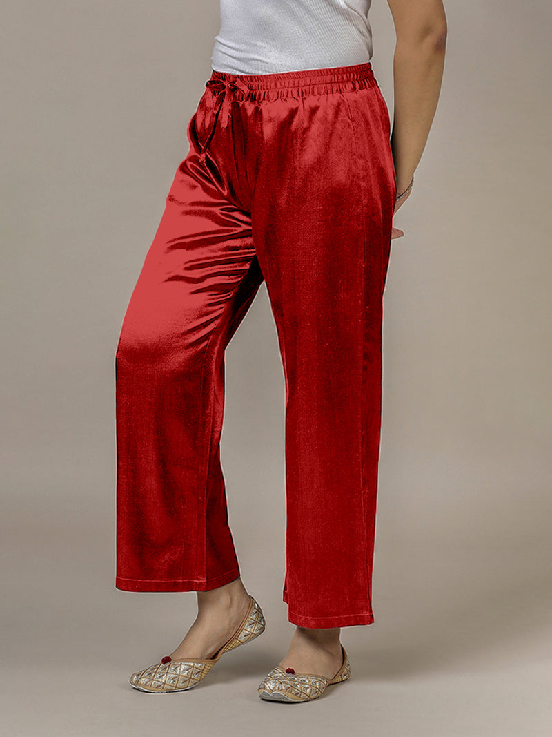 Swara x Tyohaar Pant/Trousers, in Red Mashru Silk, made for daily & work (view 5).