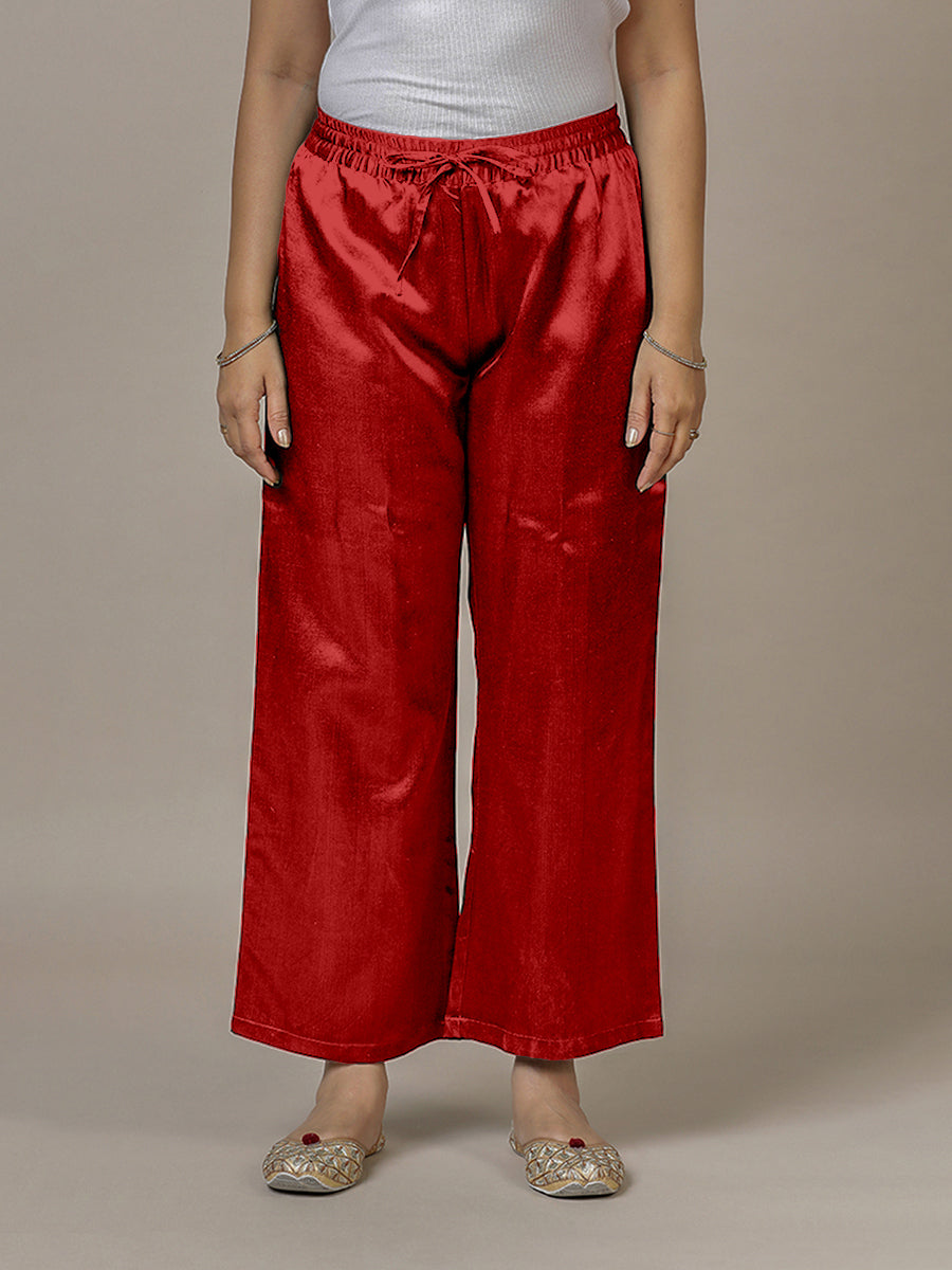 Swara x Tyohaar Pant/Trousers, in Red Mashru Silk, made for daily & work (view 8).