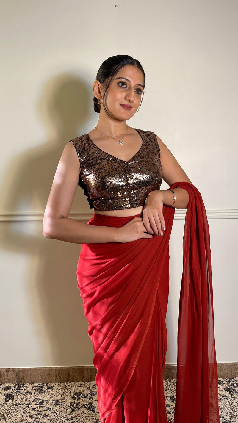 Aadhya x Tyohaar | Sleeveless Gold Sequined Saree Blouse with Curved V-Neck-Binks