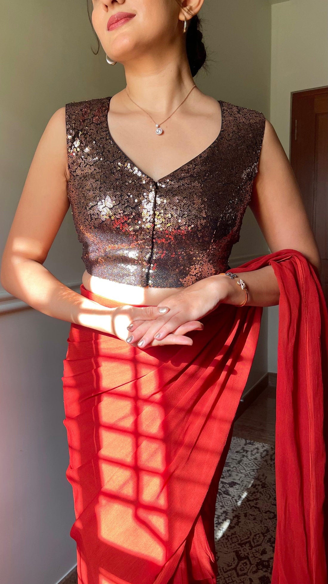 Aadhya x Tyohaar Saree Blouse, in Gold Sequin, featuring sleeveless, made for party & festive (view 2).