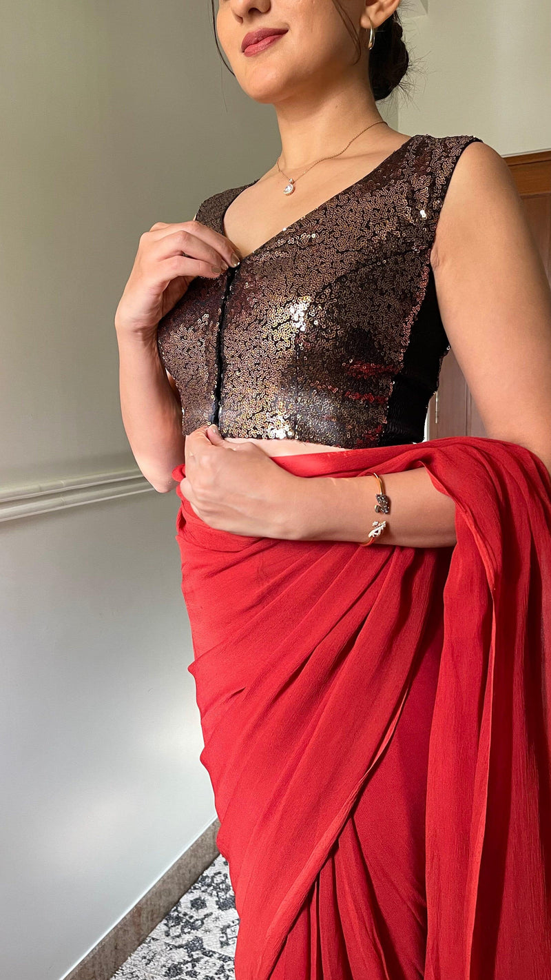 Aadhya x Tyohaar | Sleeveless Gold Sequined Saree Blouse with Curved V-Neck-Binks