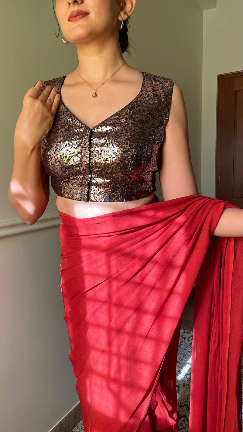 Aadhya x Tyohaar | Sleeveless Gold Sequined Saree Blouse with Curved V-Neck-Binks