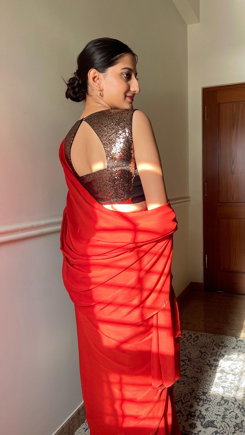 Aadhya x Tyohaar | Sleeveless Gold Sequined Saree Blouse with Curved V-Neck-Binks