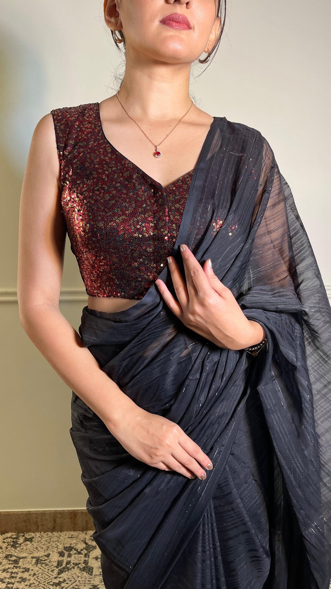 Aadhya x Tyohaar Saree Blouse, in Red Sequin, featuring sleeveless, made for party & festive (view 2).