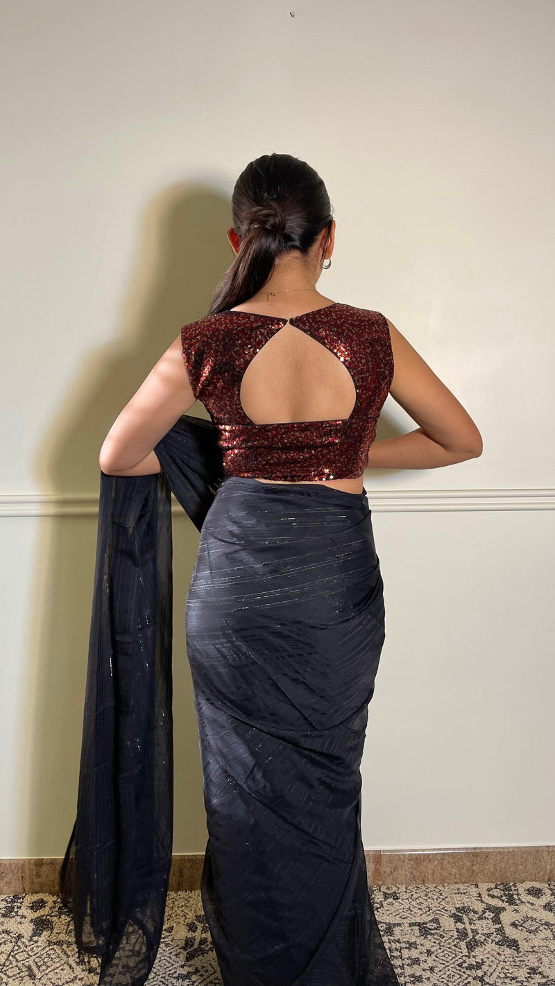 Aadhya x Tyohaar | Sleeveless Red Sequined Saree Blouse with Curved V-Neck-Binks