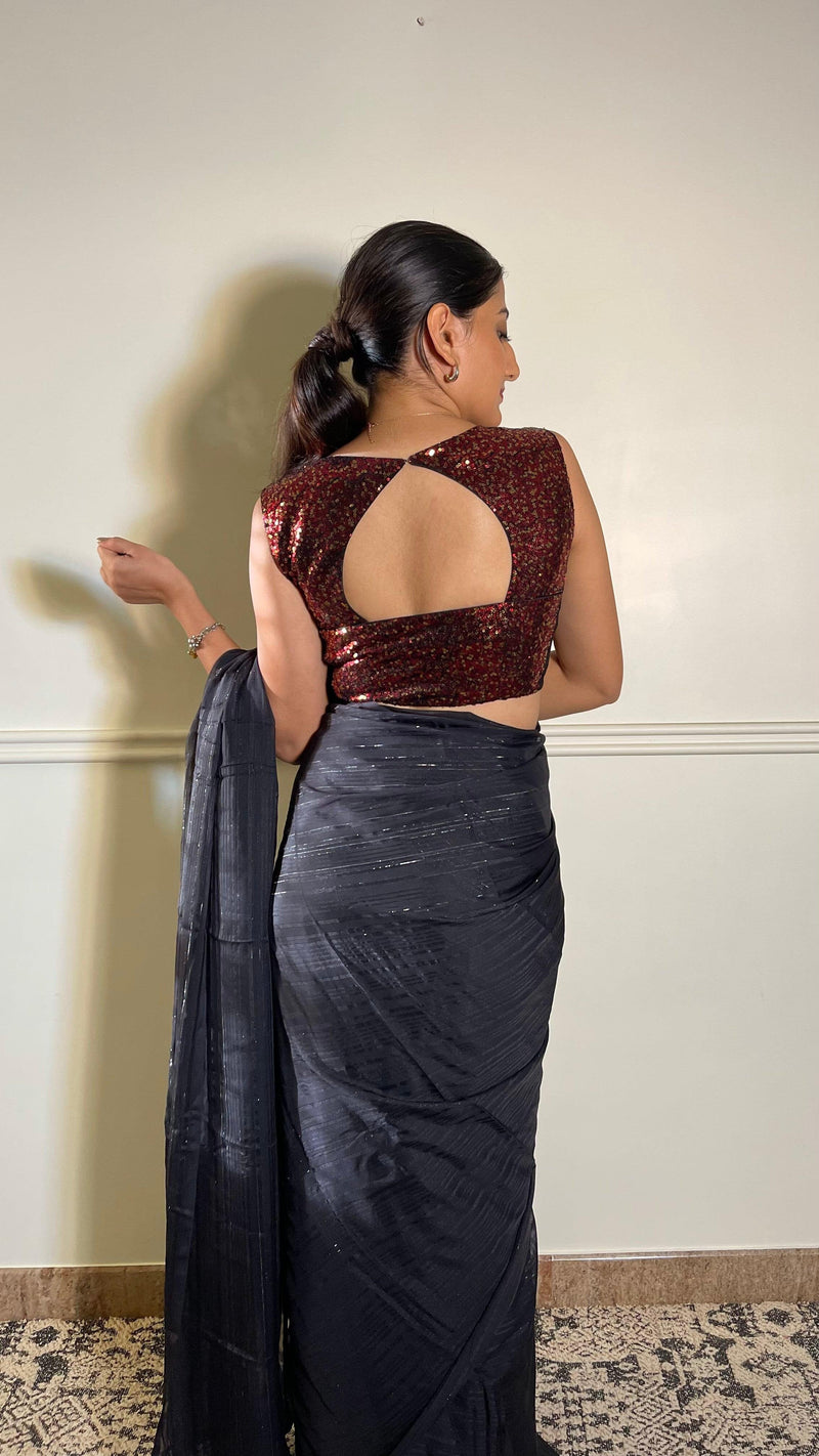 Aadhya x Tyohaar | Sleeveless Red Sequined Saree Blouse with Curved V-Neck-Binks