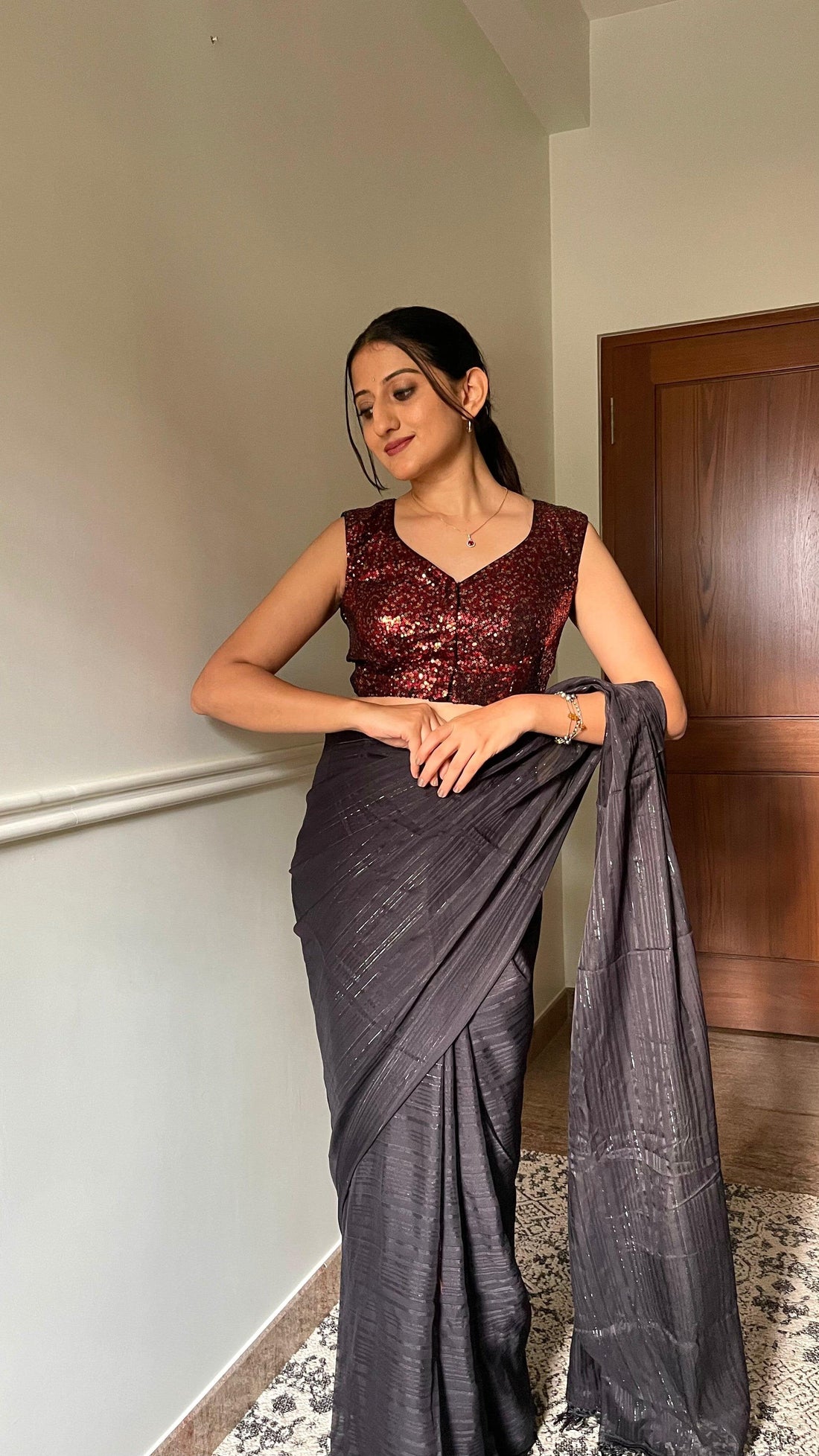 Aadhya x Tyohaar Saree Blouse, in Red Sequin, featuring sleeveless, made for party & festive (view 8).