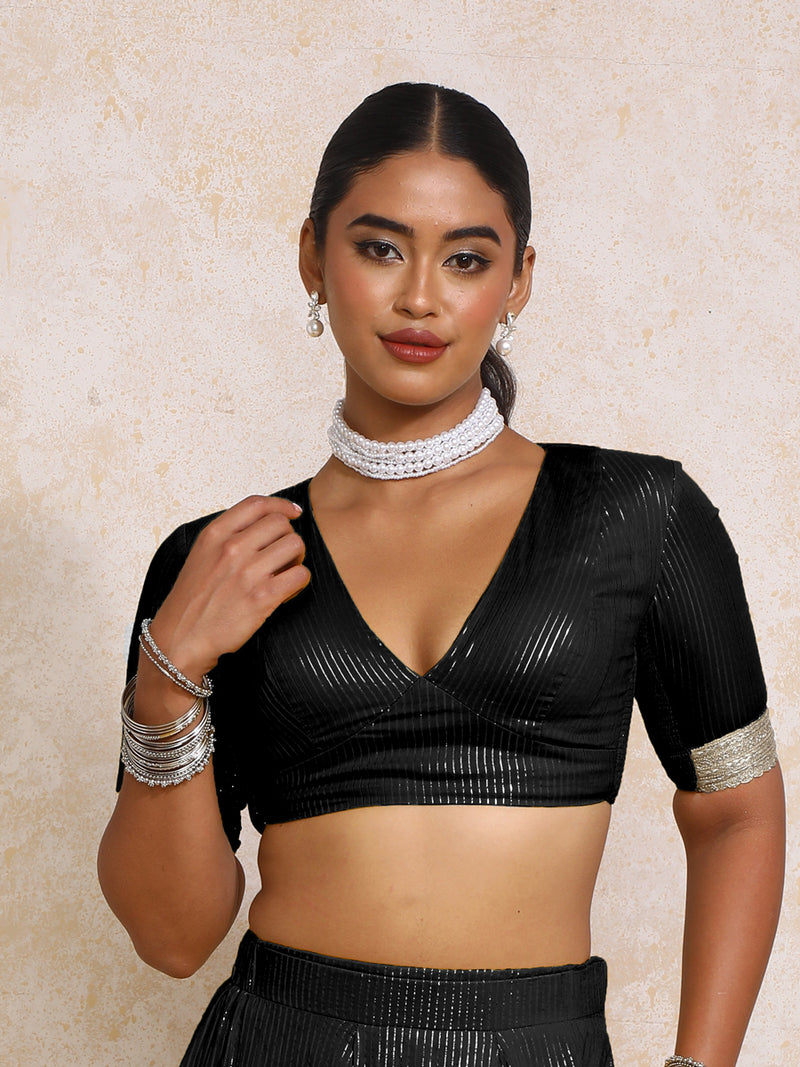 Aaritra x Tyohaar | Elbow Sleeves Black Silver Stripe Cotton Saree Blouse-Binks
