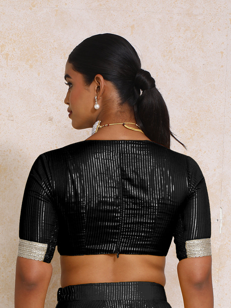 Aaritra x Tyohaar | Elbow Sleeves Black Silver Stripe Cotton Saree Blouse-Binks