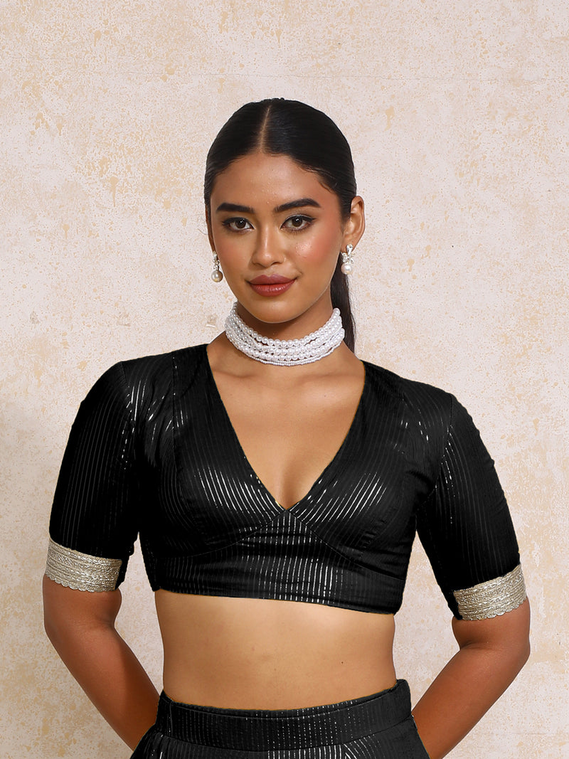 Aaritra x Tyohaar | Elbow Sleeves Black Silver Stripe Cotton Saree Blouse-Binks