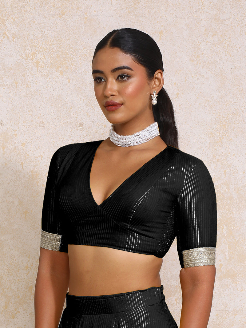 Aaritra x Tyohaar | Elbow Sleeves Black Silver Stripe Cotton Saree Blouse-Binks