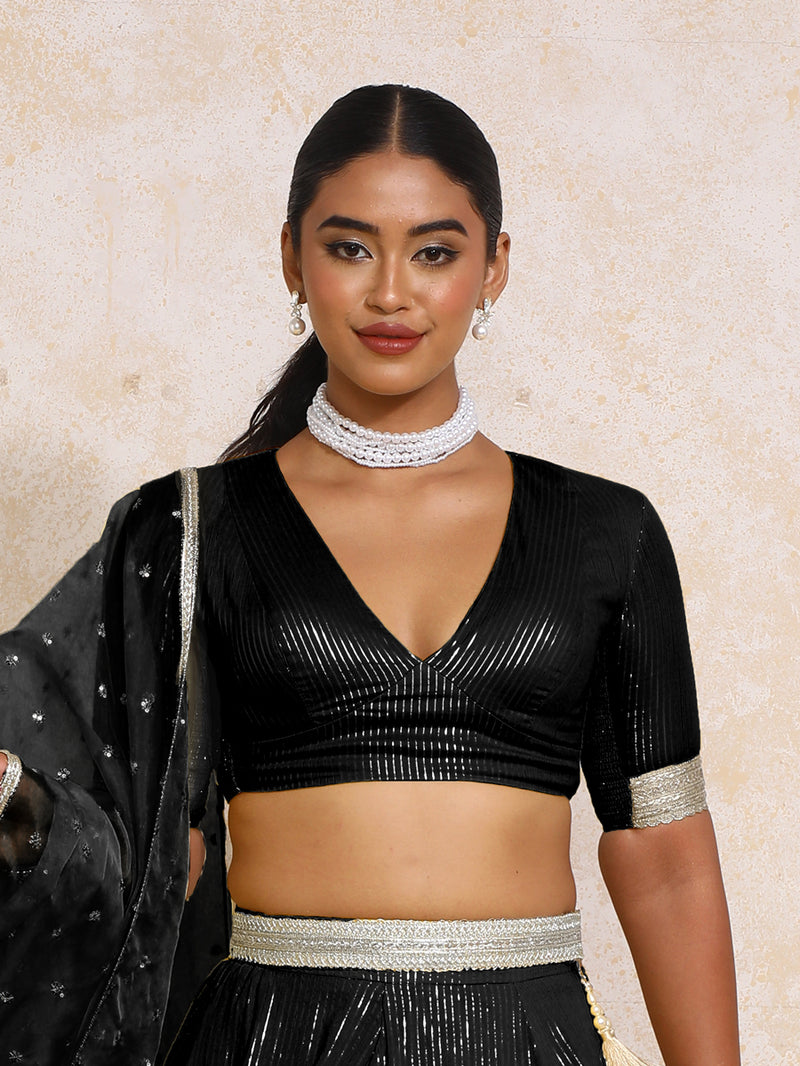 Aaritra x Tyohaar | Elbow Sleeves Black Silver Stripe Cotton Saree Blouse-Binks