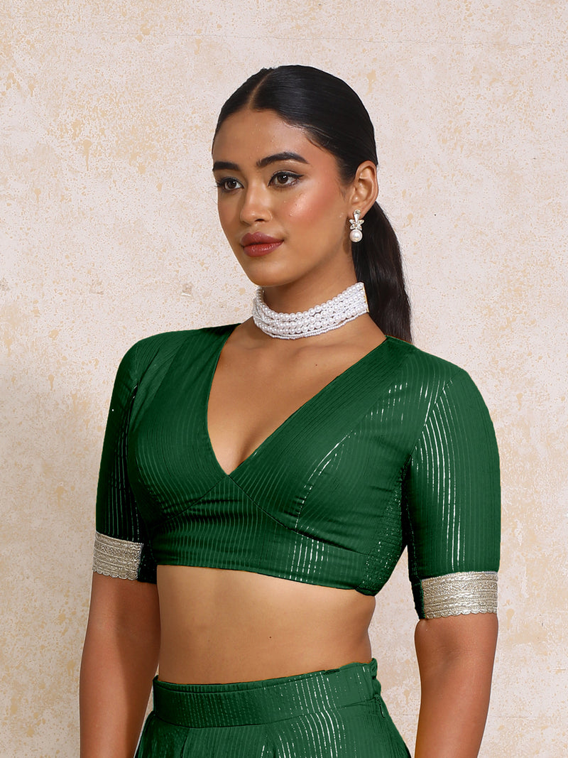 Aaritra x Tyohaar | Elbow Sleeves Dark Green Silver Stripe Cotton Saree Blouse-Binks
