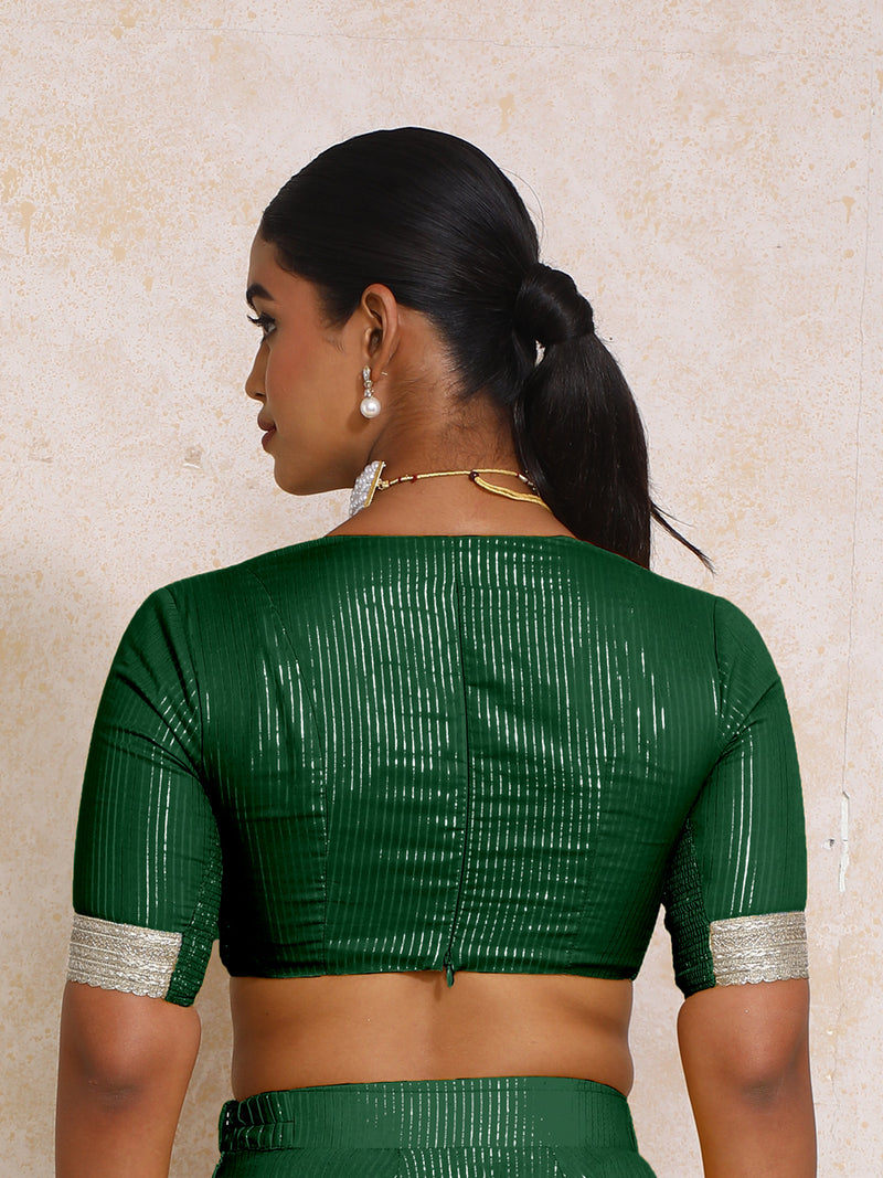 Aaritra x Tyohaar | Elbow Sleeves Dark Green Silver Stripe Cotton Saree Blouse-Binks