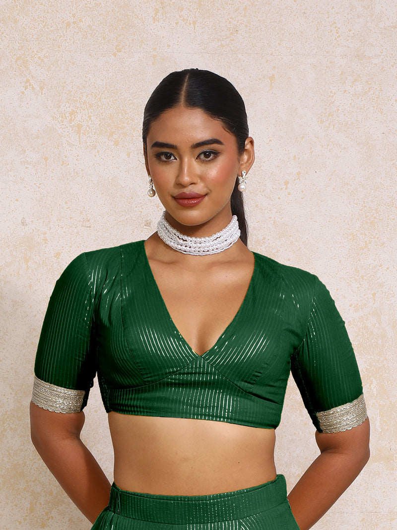 Aaritra x Tyohaar | Elbow Sleeves Dark Green Silver Stripe Cotton Saree Blouse-Binks