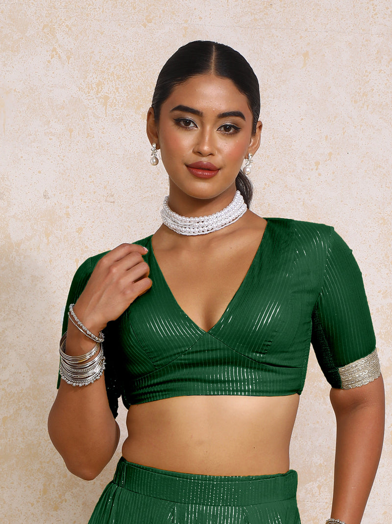 Aaritra x Tyohaar | Elbow Sleeves Dark Green Silver Stripe Cotton Saree Blouse-Binks