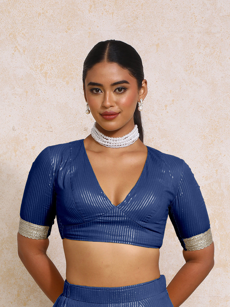Aaritra x Tyohaar | Elbow Sleeves Indigo Silver Stripe Cotton Saree Blouse-Binks