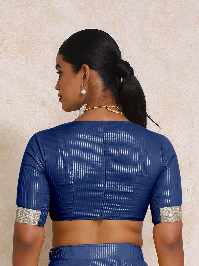 Aaritra x Tyohaar | Elbow Sleeves Indigo Silver Stripe Cotton Saree Blouse-Binks