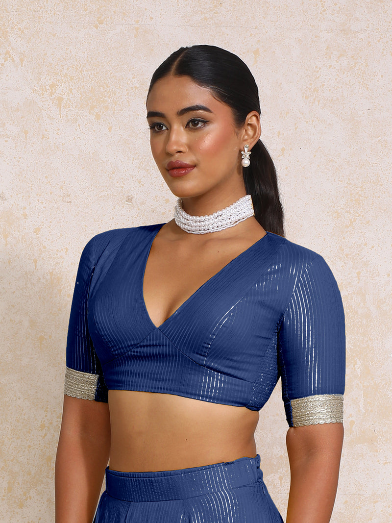 Aaritra x Tyohaar | Elbow Sleeves Indigo Silver Stripe Cotton Saree Blouse-Binks
