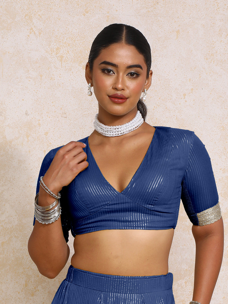 Aaritra x Tyohaar | Elbow Sleeves Indigo Silver Stripe Cotton Saree Blouse-Binks