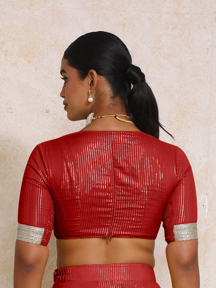 Aaritra x Tyohaar Saree Blouse, in Red 100% Cotton & Lurex, featuring elbow sleeves and v-neckline, made for party & festive.