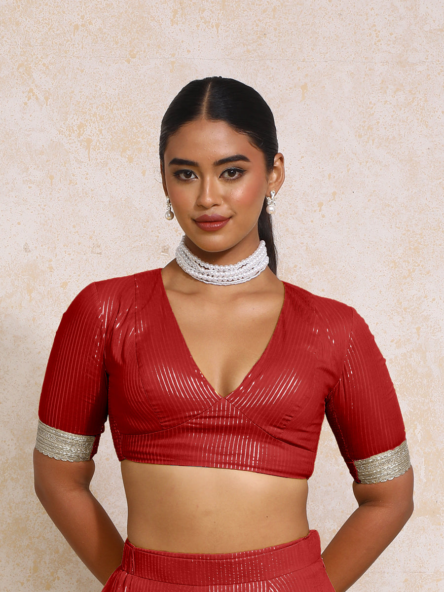 Aaritra x Tyohaar Saree Blouse, in Red 100% Cotton & Lurex, featuring elbow sleeves and v-neckline, made for party & festive.