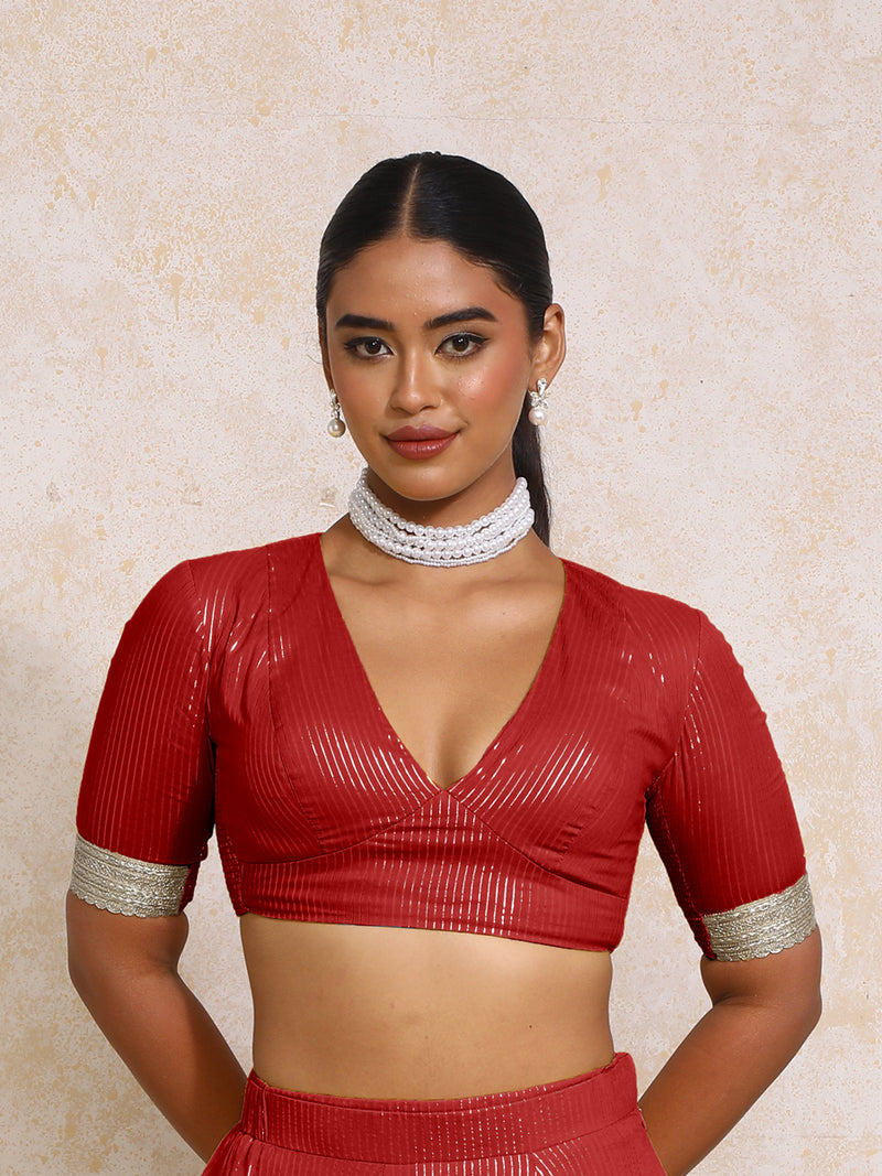 Aaritra x Tyohaar | Elbow Sleeves Red Silver Stripe Cotton Saree Blouse-Binks