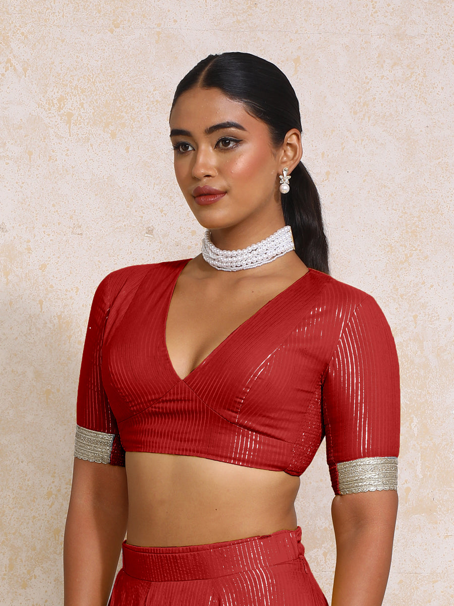 Aaritra x Tyohaar Saree Blouse, in Red 100% Cotton & Lurex, featuring elbow sleeves and v-neckline, made for party & festive.
